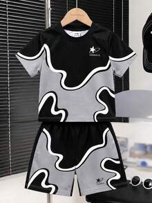 SHEIN Baby Boy Letter Print Contrast Color Short Sleeve T-Shirt And Shorts Casual Set - Multicolor - View 4