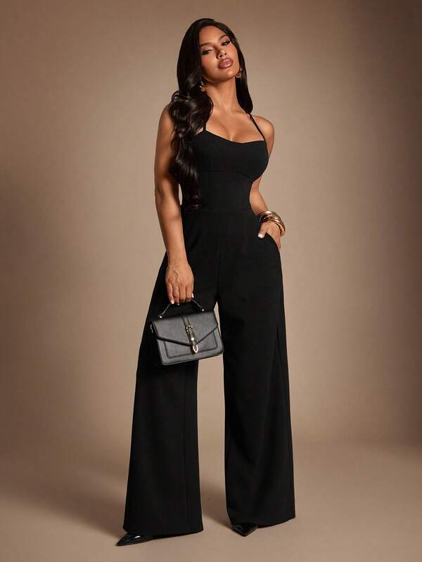 Radiana Women's Solid Color Pocket Elegant Wide Leg Jumpsuit