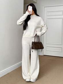 SHEIN PETITE Women's Solid Color Long Sleeve Top And Pants Casual Daily Knit 2 Pieces Set - Apricot - View 6