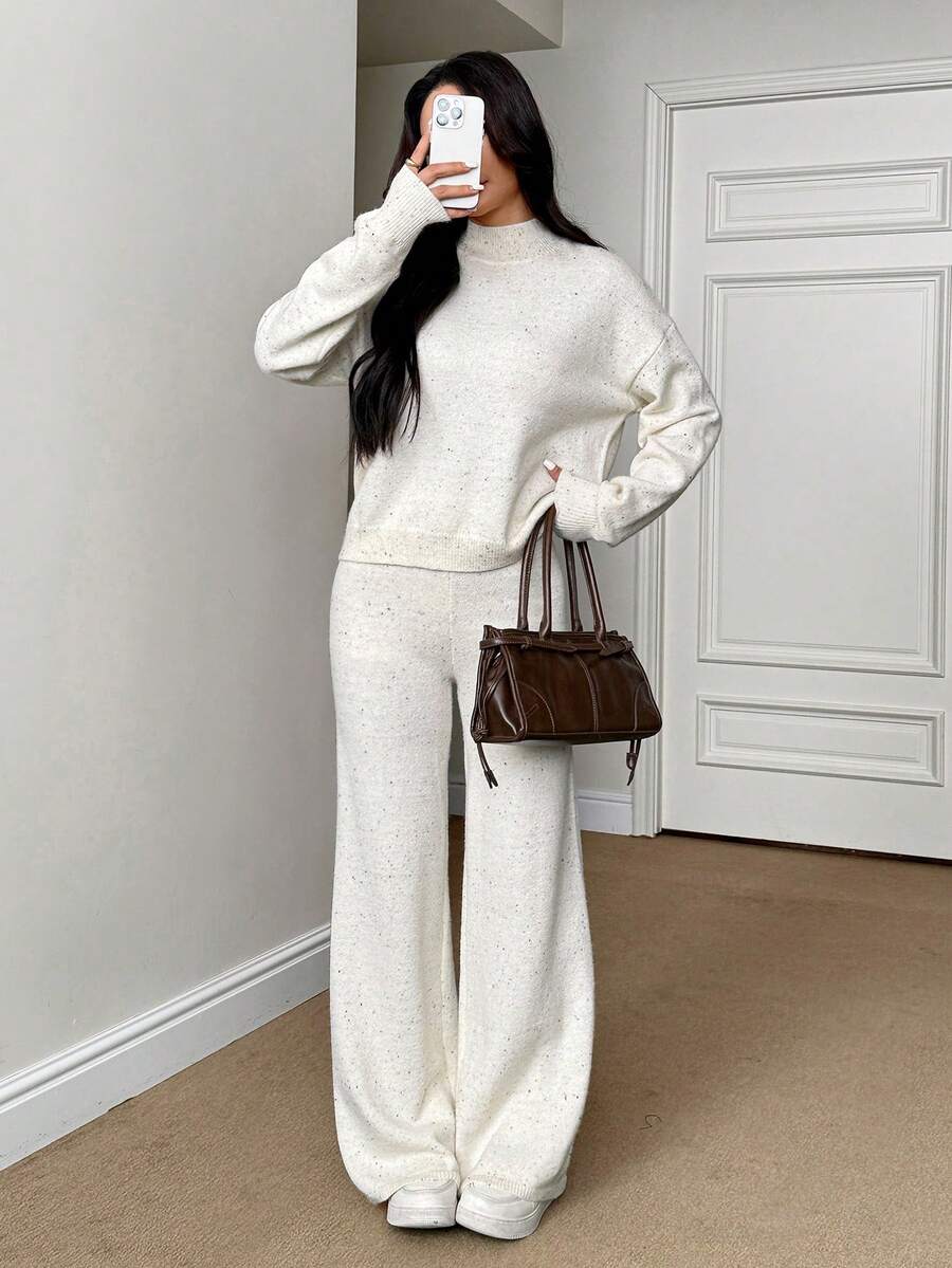 SHEIN PETITE Women's Solid Color Long Sleeve Top And Pants Casual Daily Knit 2 Pieces Set - Apricot - View 1