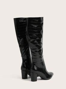 Enchnt Women Crocodile Embossed Side Zipper Chunky Heeled Boots, Fashion Outdoor Boots Dress,Style With Dress - Black - View 6