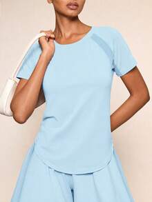 SHEIN BAE Damen Raglan Ärmel Rundhals Lässig Fitness Sport T-Shirt Gym Shirts - Babyblau - Übersicht 7