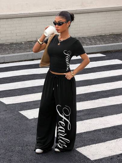 Muchica Ensemble 2 pièces décontracté pour femmes avec t-shirt à manches courtes imprimé de lettres et pantalon