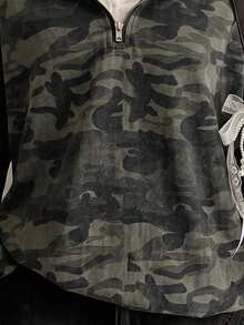 SHEIN EZwear 女款復古經典迷彩半拉鍊運動衫，棕色調，秋季休閒街頭風，適合多種場合，Y2K復古風，返校季秋冬上衣 - 彩色 - 查看 3