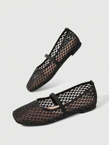 Sleekvia Zapatos Mary Jane de mujer de moda popular de verano, tejido simple con huecos transpirables, sin cordones, punta cuadrada, suela plana, multicolor - Negro - Ver 6