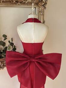 Lovelzi Red Satin Halter Neck Mini Dress Bodycon Backless Detachable Big Bow Ruched Cocktail Theme Party Prom Homecoming Women Formal Wedding Winter Celestial - Burgundy - View 3