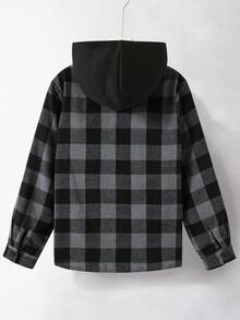SHEIN Vacaura 1件青少年男孩休閒格紋印花連帽開襟襯衫，舒適面料，獨特版型，秋季新款，適合休閒活動、返校及多種場合 - 深灰色 - 查看 2