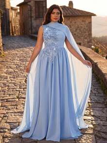 Aureia Vestido de noche elegante y romántico de talla grande, azul con lentejuelas, bordado, técnica de quemado, cuello redondo, sin mangas, cintura acampanada, bajo fruncido y holgado, adecuado para fiesta de noche, cita, baile, vacaciones, invitada de boda, vestido de gala con trabajo pesado - Celeste - Ver 8