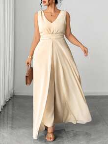 Elenzga Women's Plus Size Elegant Cinched Waist Jumpsuit - Apricot - View 4
