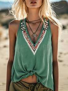 Zayélia V Neck Printed Sleeveless Tank Top, Regular Hem Casual Women's Vest - Green - View 1