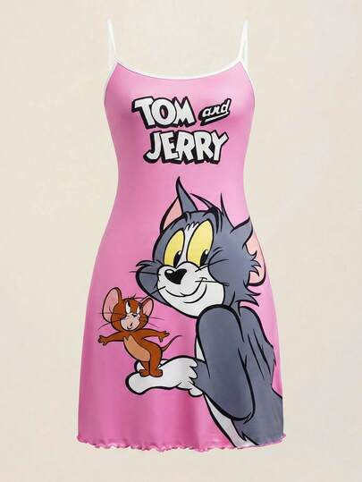 TOM & JERRY X SHEIN Camicia da notte con stampa a cartoni animati per donna