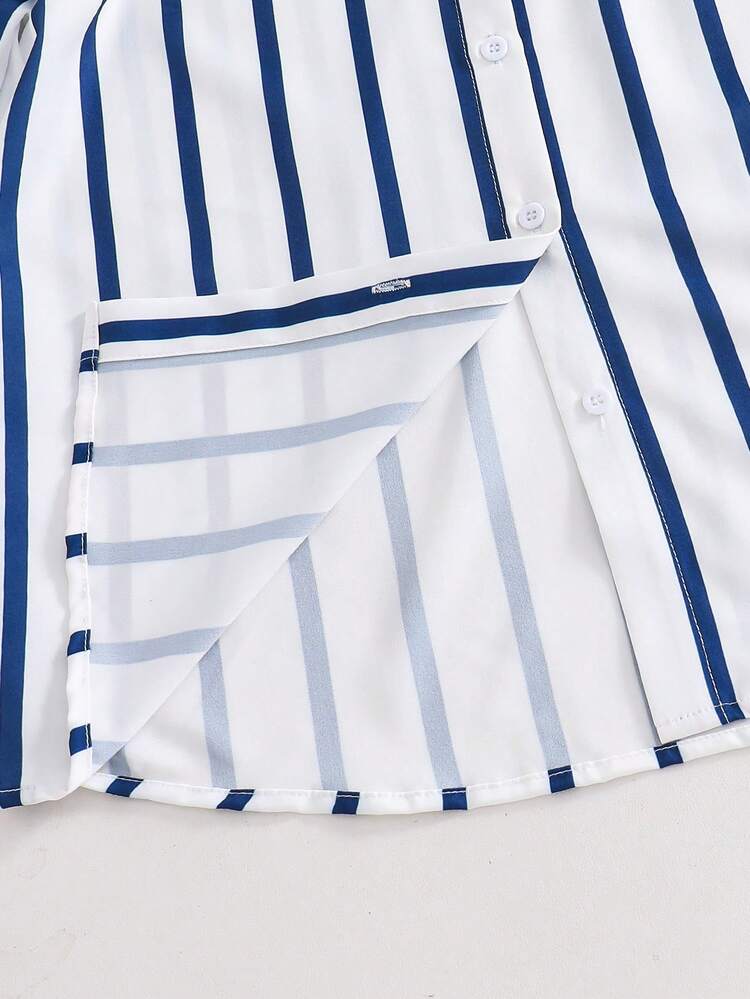 Tween Girl Spring/Autumn Commute Striped Loose Button-Down Long Sleeve Casual Shirt, Versatile Back-To-School Campus Blouse - Multicolor - View 5