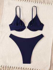 Swim Vcay 春夏新款黃色鋼圈比基尼性感女款泳衣，海灘度假約會清新可愛甜美泳裝 - 藏蓝色 - 查看 7