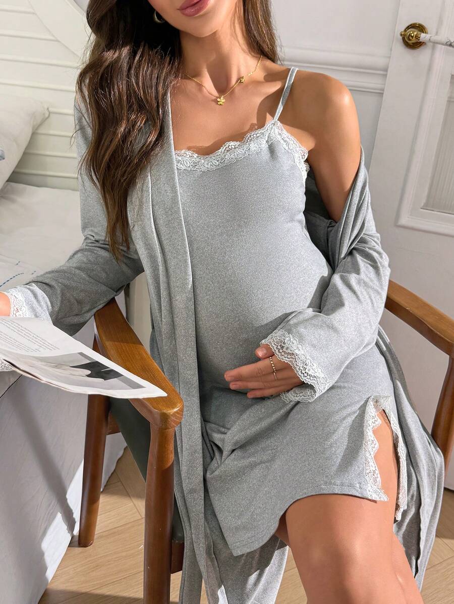 Moonlight&Mama Fashionable Light Gray Floral Side Slit White Lace Trim Fitted Maternity Slip Dress & Long Sleeve Robe 2 Pieces Set - Light Grey - View 1