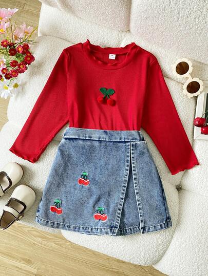Elladie kids Fashion Casual Girls Denim Skirt Set, Girls Casual Red Textured Fabric Long Sleeve Mock Neck Ruffle Hem T-Shirt With 3D Cherry Decor, Paired With Denim Embroidered Cherry Short Skirt, Suitable For Outings, Back To School, Summer, Autumn/Winter, All-Season Fashion Set