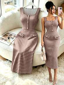 Elenzga Vintage Brown & White Plaid Square Neck Sleeveless Fitted Bodycon Elegant Midi Dress For Women - Multicolor - View 2