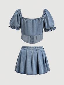 Sweetra Women's Plus Size Tie-Front Petal Sleeve Cropped Denim Top, Summer - Light Wash - View 6