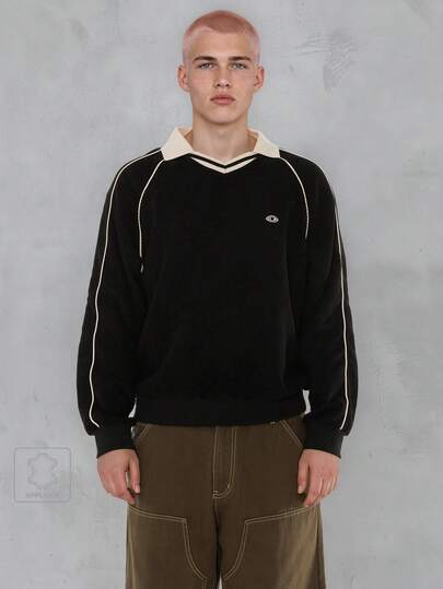 FORM&CHAOS Men's Preppy Style Embroidered Raglan T-Shirt - Corduroy Trim V-Neck Ribbed Long Sleeve Tee, Back To School Varsity Tops