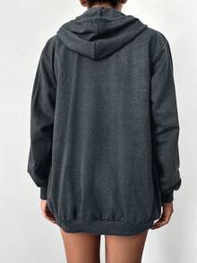 RueChic 女士實色拉鍊前開連帽衫,帶束帶 - 深灰色 - 查看 2