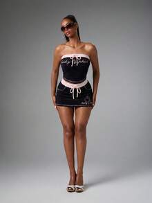 BABYPHAT Velour Strapless Bandeau Tube Top With Logo Embroidery And Drawstring Waist Detail - Black - View 3