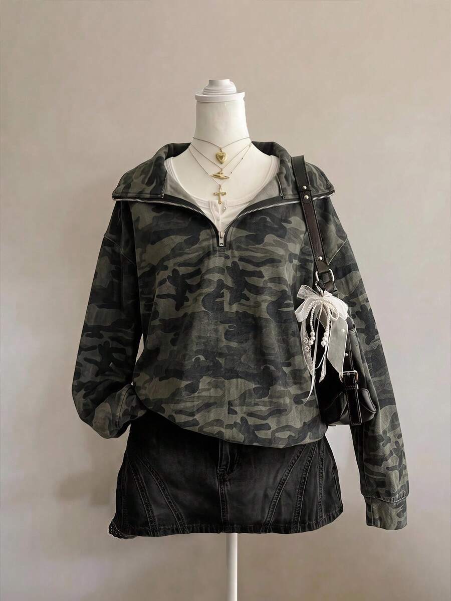 SHEIN EZwear 女款復古經典迷彩半拉鍊運動衫,棕色調,秋季休閒街頭風,適合多種場合,Y2K復古風,返校季秋冬上衣 - 彩色 - 查看 1