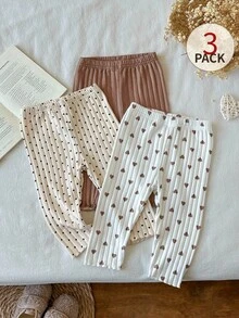 SHEIN Vintaside Kids 3件組女嬰彈性腰長褲，愛心+波點+純色針織羅紋印花柔軟彈性喇叭褲，休閒可愛甜美運動時尚韓系風格，適合夏季日常穿著、購物、上學、旅行、度假及各種室內/戶外場合 - 彩色 - 查看 2