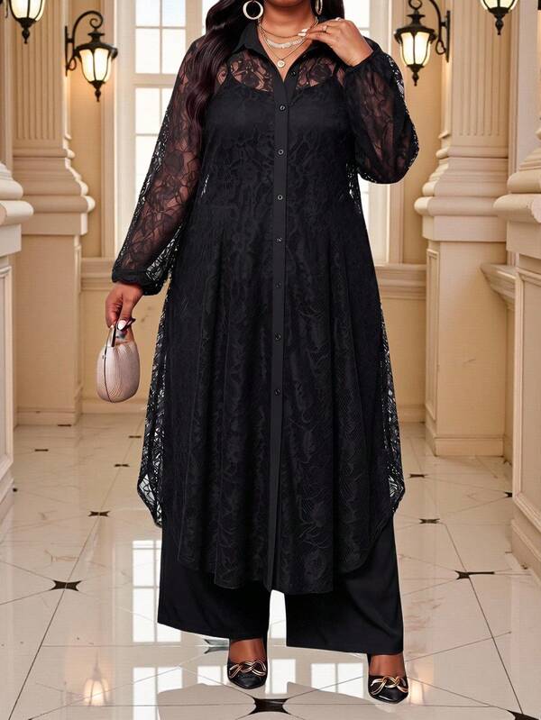 Fleurora Plus Size Elegant Party Solid Color Lace Blouse And Pants 2 Pieces Set