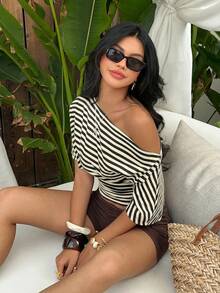 Aloruh Asymmetrical Shoulder Loose Top With Ruched Waist, Simple Basic T-Shirt - Multicolor - View 8