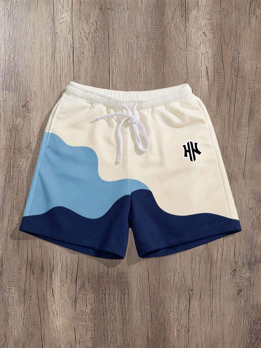 Manfinity Joysei Men's Letter Print Patchwork Drawstring Waist Casual Versatile Daily Wear Shorts, Holiday - Blue - View 1