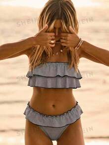Aralina Summer Resort Vacation Beach Western Ruffle Pink Floral Bandeau Strapless Bikini Set With Swim Bag - Black and White - View 7