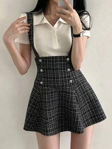 FRIFUL Women's Plaid Casual 70s 70's Inspired Preppy Versatile Daily Wear Suspenders Mini Skirt Date School Black Plaid Autumn Cute Tops - Black and White - View 4