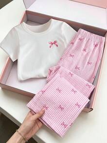 SHEIN Playful Pals 女嬰蝴蝶結印花短袖T恤與長褲休閒套裝 - 粉色 - 查看 7
