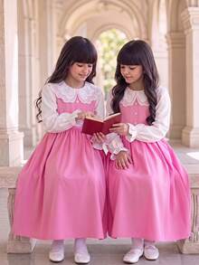 SHEIN Vestido para niña preadolescente con bloques de color, patchwork, bordado y diseño calado - Rosa - Ver 1