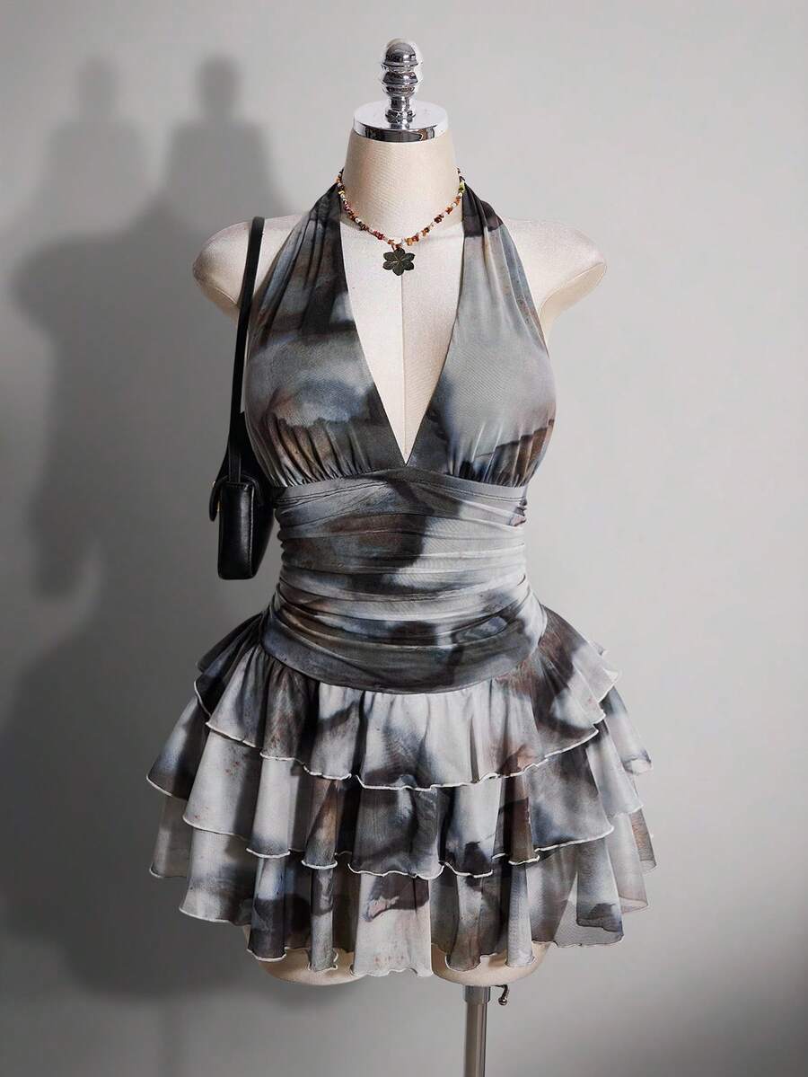 SHEIN ICON 女款大尺碼綁帶領紮染蛋糕裙襬時尚洋裝 - 彩色 - 查看 1