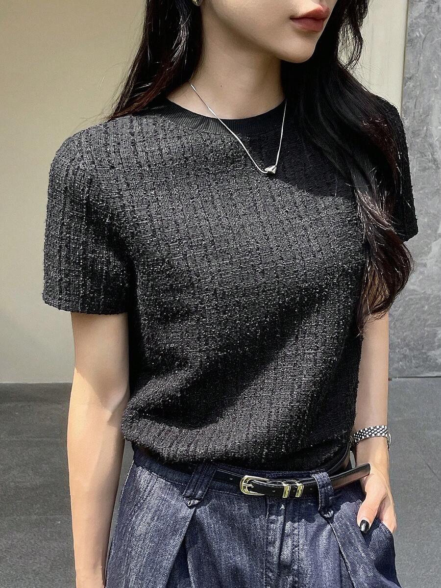 Dazy Star Women's Round Neck Solid Color Short Sleeve T-Shirt, Summer - Black - View 1