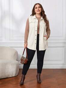 EMERY ROSE Plus Size Casual Solid Color Sleeveless Denim Jacket - Apricot - View 4
