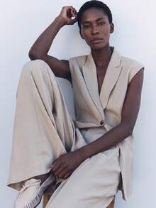 SHEIN Conjunto de 2 piezas para mujer, blazer sin mangas ajustado con hombros acolchados y cintura ceñida, pantalones de pierna recta, moda de oficina para el Día del Maestro, beige, verano - Caqui - Ver 7