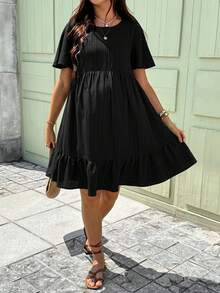 Boho Mama Maternity Vacation Solid Color Textured Ruffle Hem Round Neck Dress - Black - View 3