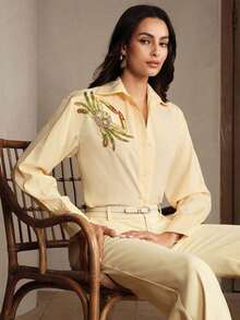 Anewsta Chemise décontractée à manches longues boutonnée simple avec motif crabe pour femmes - Jaune citron - Voir 5