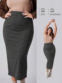 SHEIN BASICS 大尺碼高腰鉛筆裙夏季女裝套裝 - 深灰色 - 查看 1