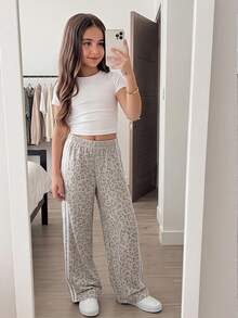 SHEIN Tween女孩秋冬休閒時尚街頭風豹紋拼接織帶寬鬆直筒長褲，適合休閒外出與日常穿著 - 灰色 - 查看 4