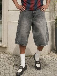 Manfinity EZcore Plus Size Men's Casual Washed Slant Pocket Denim Shorts, Summer - Light Grey - View 5