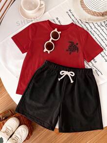 Ensemble d'été décontracté minimaliste pour jeune garçon, t-shirt blanc col rond à manches courtes avec imprimé dos oversize motif tortue de mer dessin animé style vacances, palette de couleurs bleu océan, bord de mer, motif lettres, short bleu, convient pour l'été - Multicolore - Voir 8
