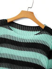STEELVANCE Suéter de punto hueco a rayas de bloques de color para hombre - verde menta - Ver 7