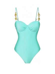 Swim Oasis 女款純色米色鋼圈一件式泳衣，可拆卸細肩帶、硬杯、可調節側褶飾邊，附可拆卸金屬裝飾網紗裙，3件套 - 薄荷綠 - 查看 5