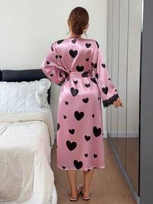 Napfluff Jubah Lengan Panjang Berenda Motif Hati dengan Ikat Pinggang - Coral Pink - View 2