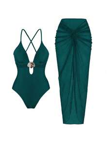 Sunnyshic Women's Oasis One-Piece Swimsuit Set, Deep Brown Deep V-Neck Design, Hand-Woven Rope Waistline, Summer Evening One-Piece Swimsuit Set, Cross Slit Long Dress - Green - View 5