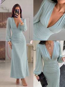 Modelyn Spring/Autumn Fashion Elegant Versatile Date Jacquard V-Neck Ruched Waist Slimming Long Dress For Women - Green - View 8
