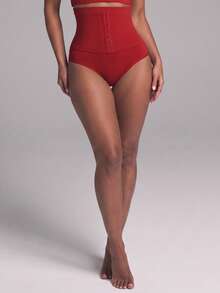 Nuvra 1 Peça Calcinha Modeladora de Cintura Alta Sem Costura com Abertura Frontal e Gancho para Controle e Elevação Abdominal - Vermelho - Visão 11