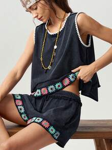 Bohemela Casual Boho Solid Color Knit Loose Washed Tank Top Shorts Women 2 Pieces Set Vacation Dark Grey Summer - Black - View 6